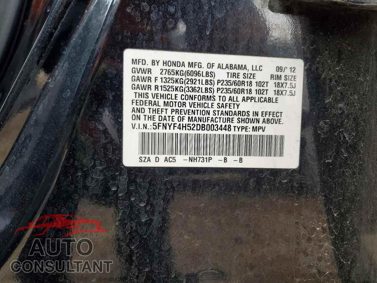 HONDA PILOT 2013 - 5FNYF4H52DB003448