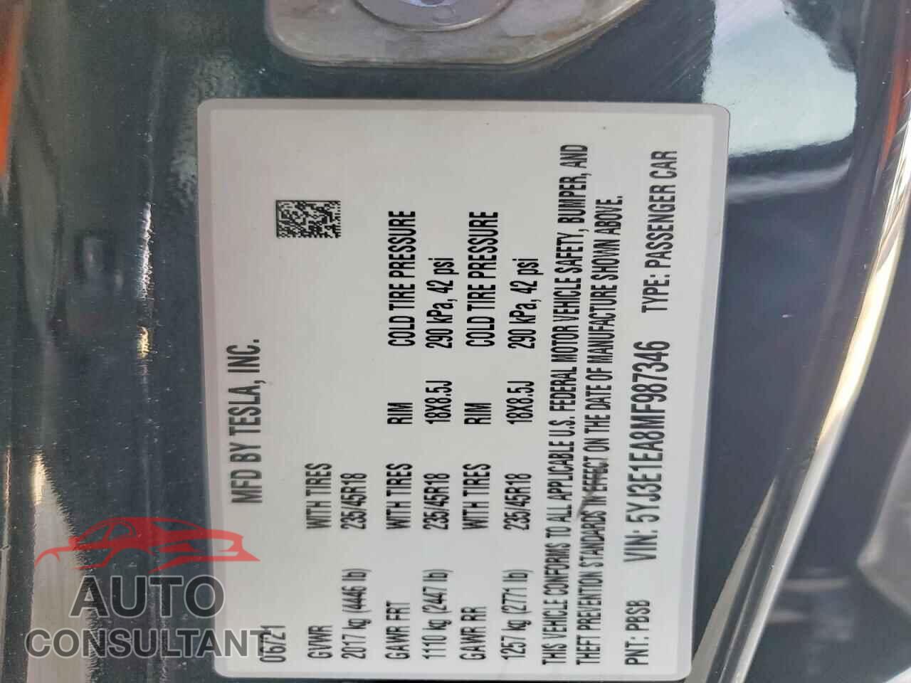 TESLA MODEL 3 2021 - 5YJ3E1EA8MF987346