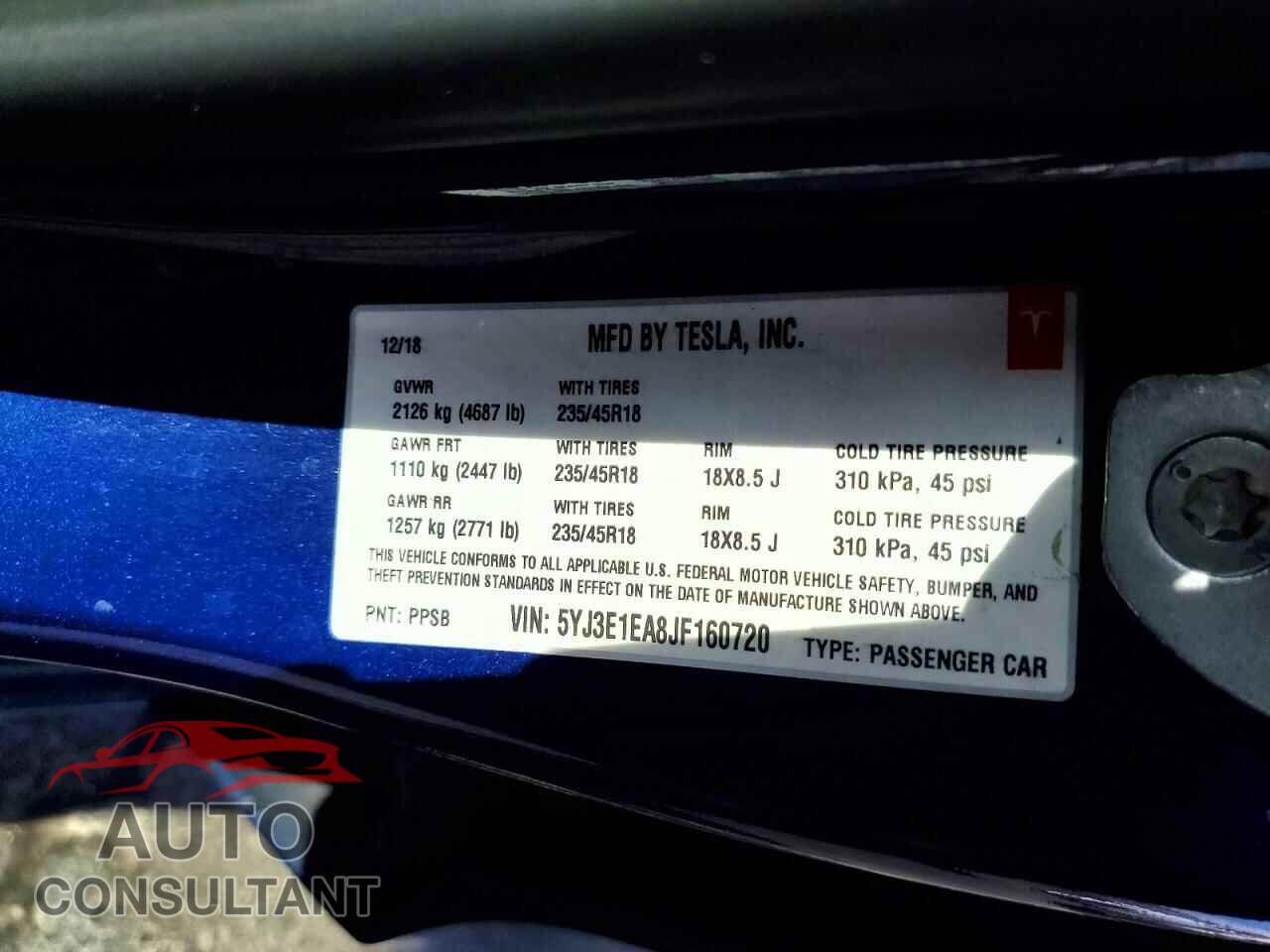 TESLA MODEL 3 2018 - 5YJ3E1EA8JF160720