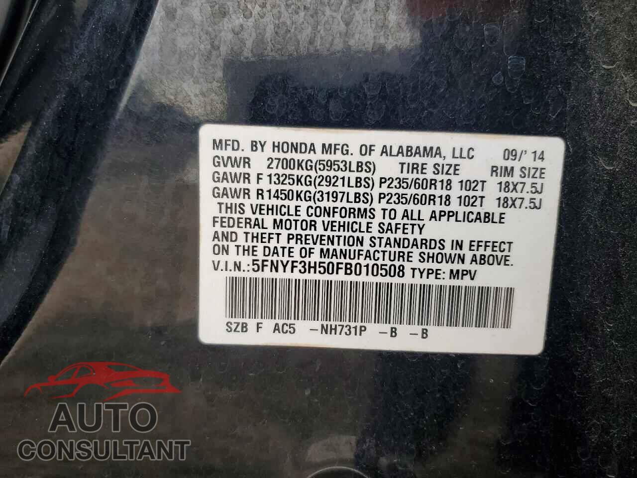 HONDA PILOT 2015 - 5FNYF3H50FB010508