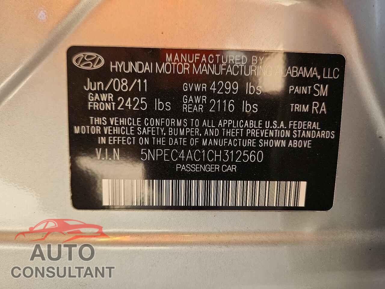 HYUNDAI SONATA 2012 - 5NPEC4AC1CH312560