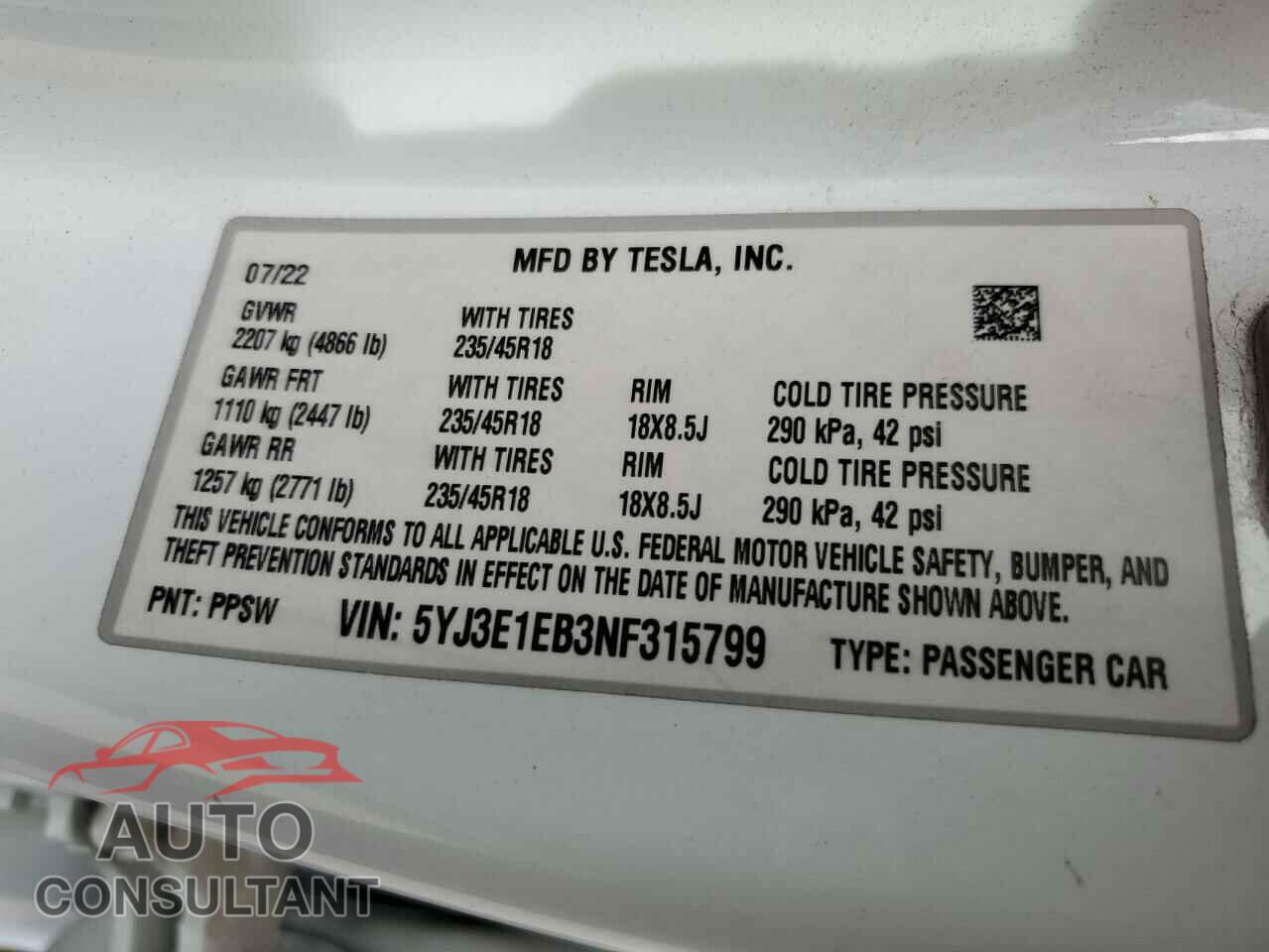 TESLA MODEL 3 2022 - 5YJ3E1EB3NF315799