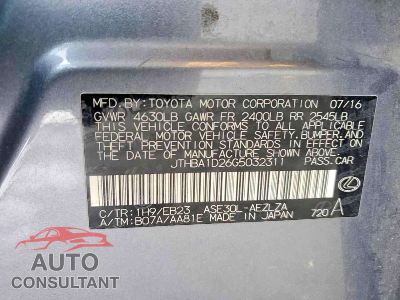 LEXUS IS 2016 - JTHBA1D26G5032311