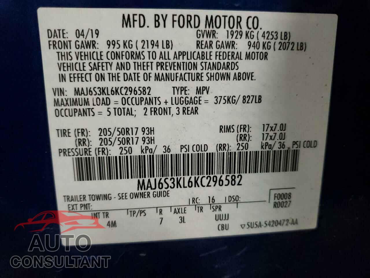 FORD ECOSPORT 2019 - MAJ6S3KL6KC296582