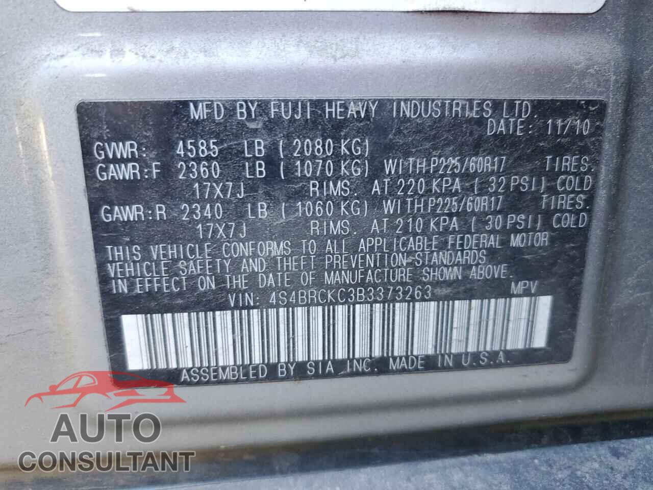SUBARU OUTBACK 2011 - 4S4BRCKC3B3373263
