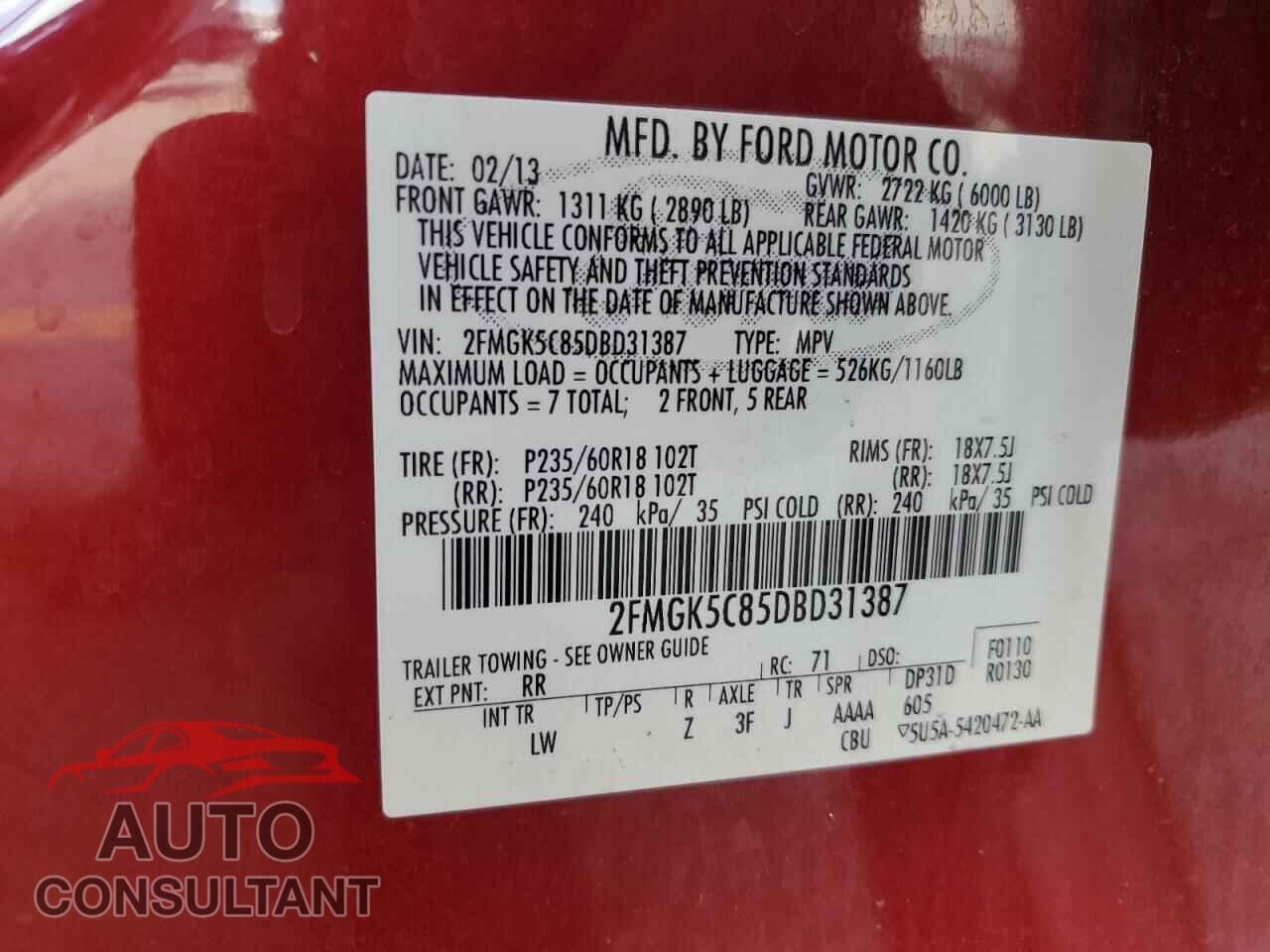 FORD FLEX 2013 - 2FMGK5C85DBD31387
