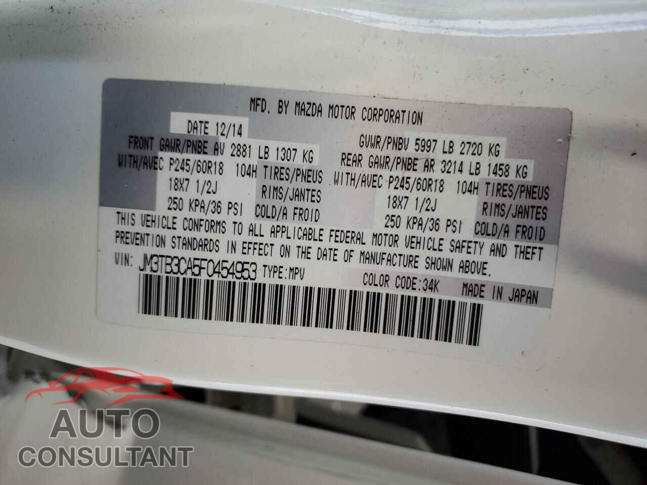 MAZDA CX-9 2015 - JM3TB3CA5F0454953