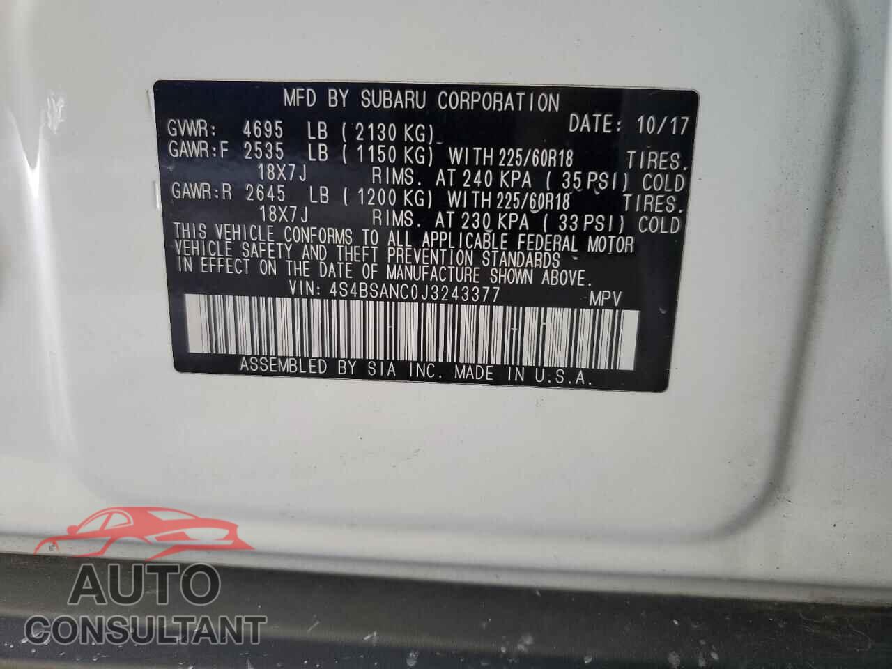 SUBARU OUTBACK 2018 - 4S4BSANC0J3243377