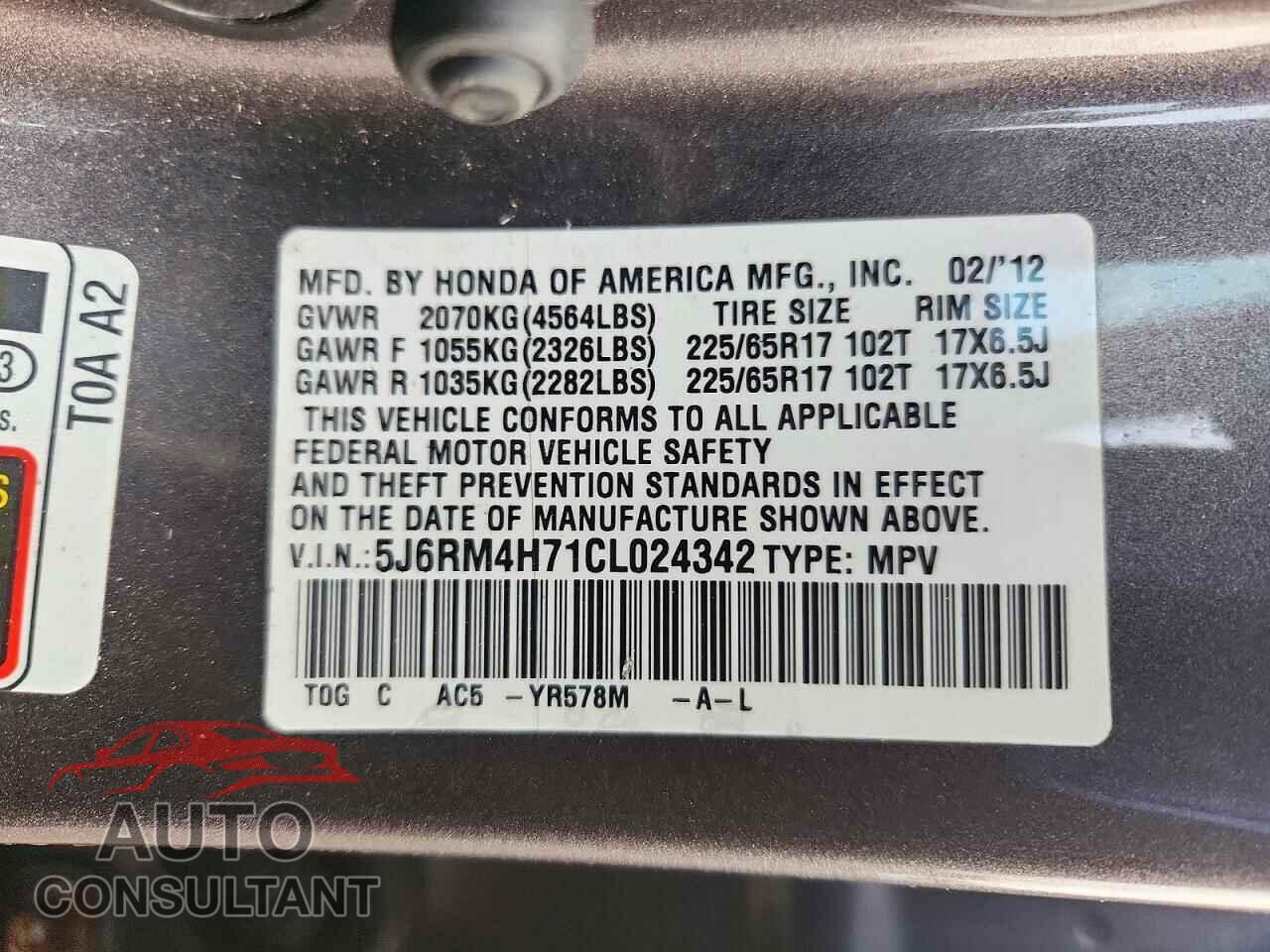 HONDA CRV 2012 - 5J6RM4H71CL024342