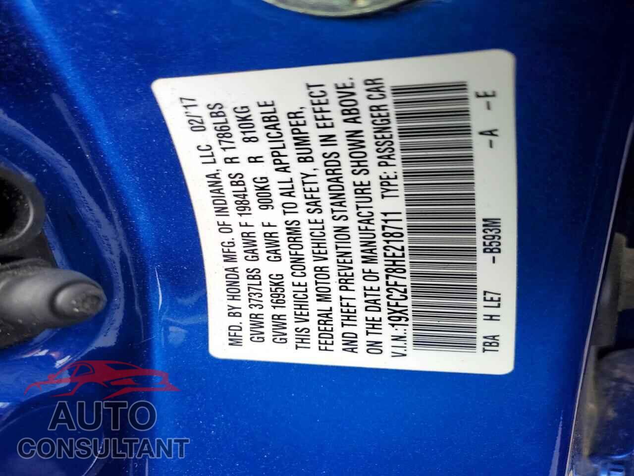 HONDA CIVIC 2017 - 19XFC2F78HE218711