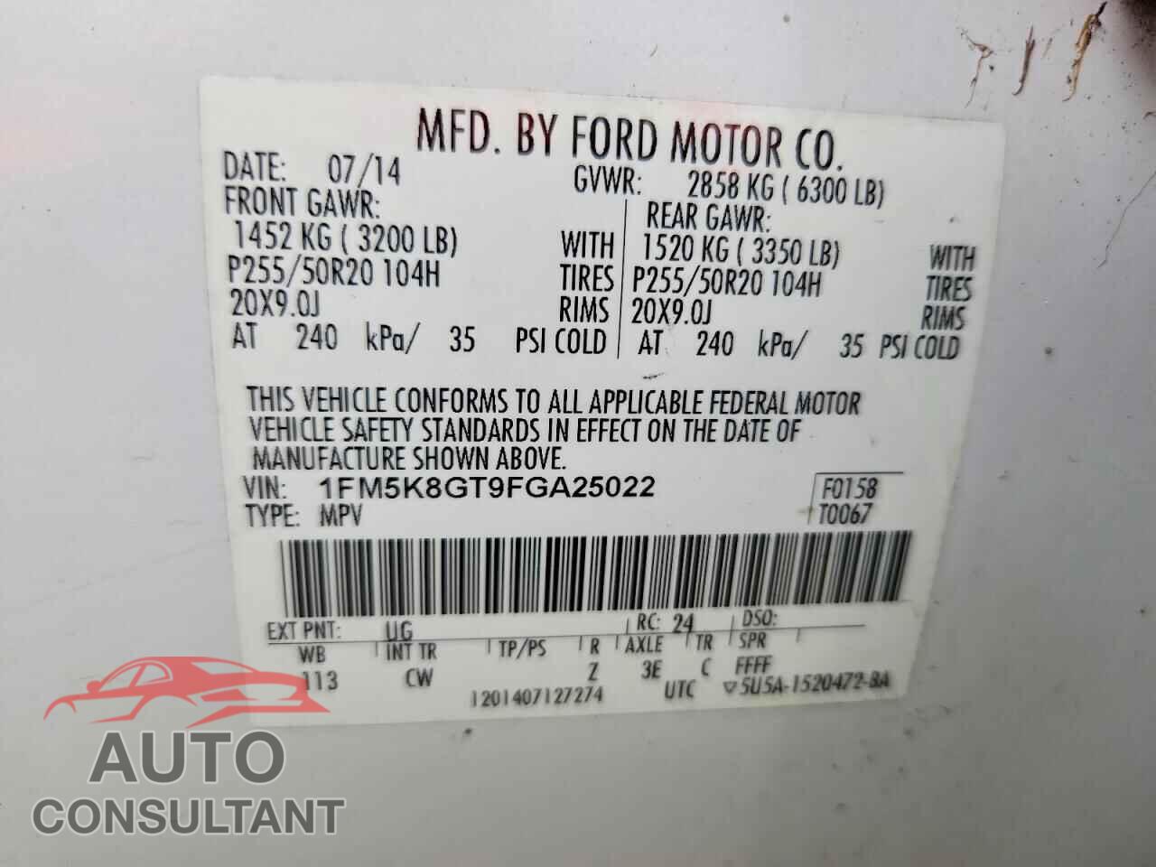FORD EXPLORER 2015 - 1FM5K8GT9FGA25022