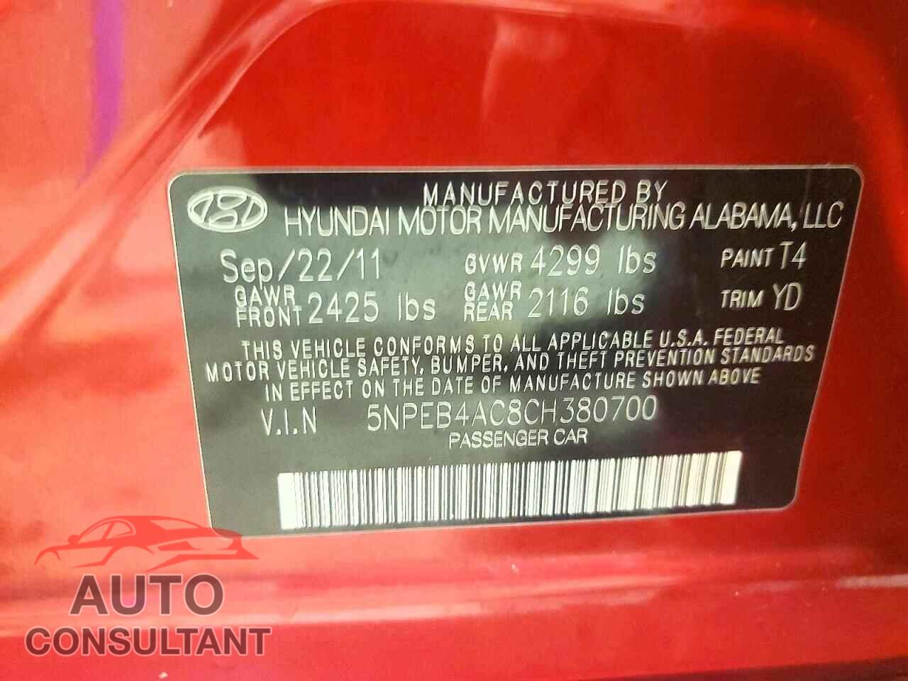 HYUNDAI SONATA 2012 - 5NPEB4AC8CH380700
