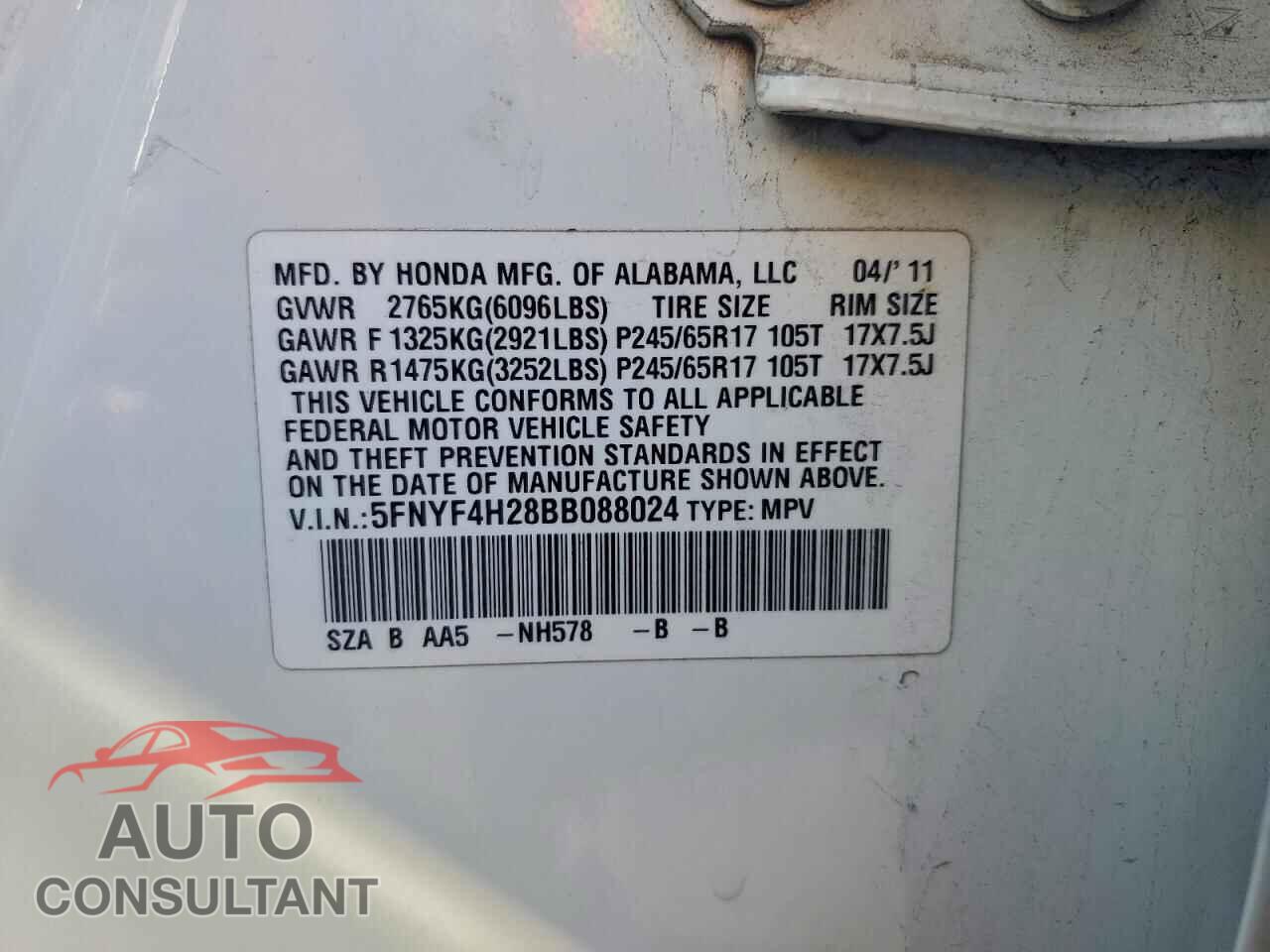 HONDA PILOT 2011 - 5FNYF4H28BB088024