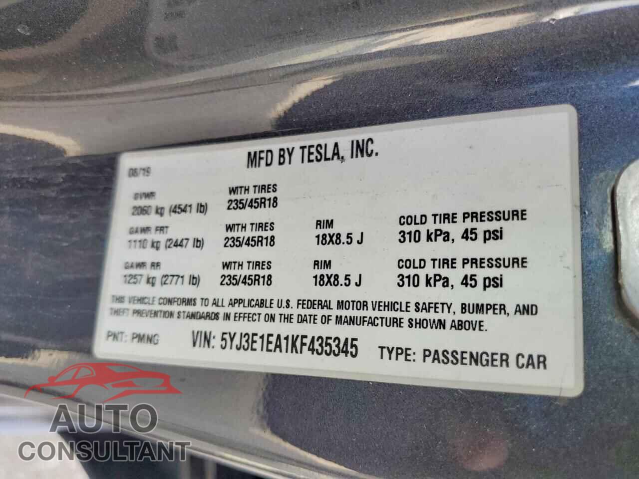 TESLA MODEL 3 2019 - 5YJ3E1EA1KF435345