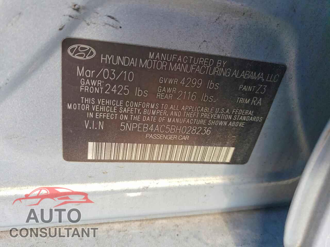 HYUNDAI SONATA 2011 - 5NPEB4AC5BH028236