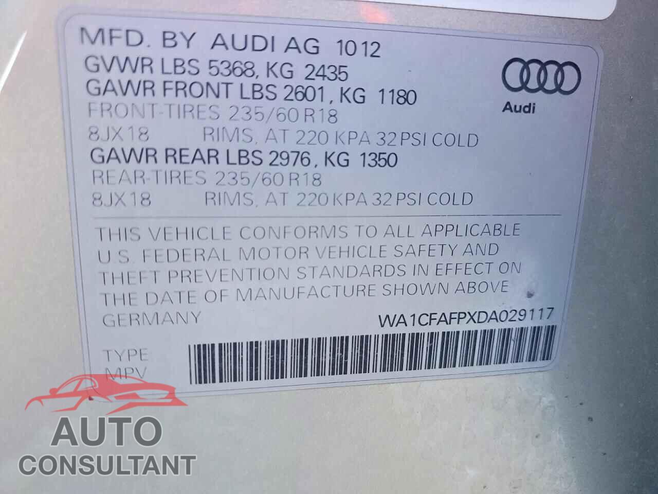 AUDI Q5 2013 - WA1CFAFPXDA029117
