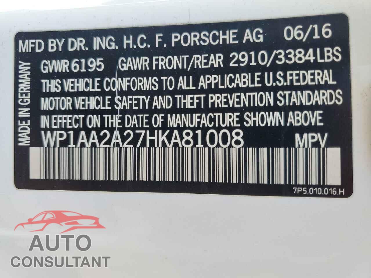 PORSCHE CAYENNE 2017 - WP1AA2A27HKA81008