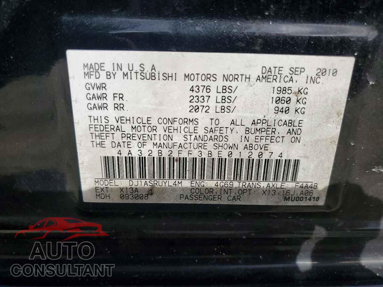 MITSUBISHI GALANT 2011 - 4A32B2FF3BE012074