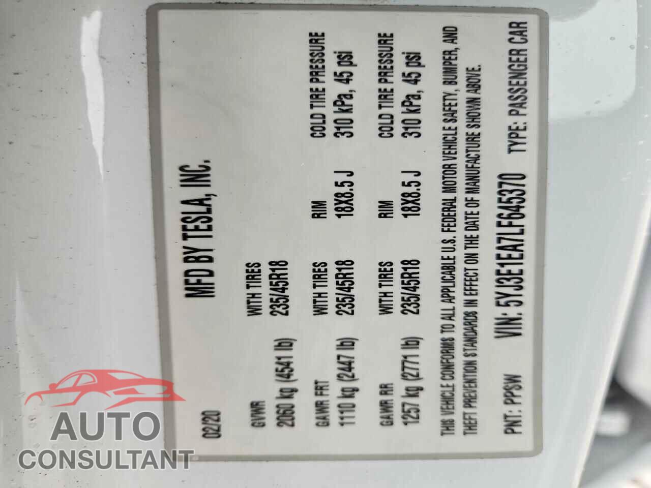 TESLA MODEL 3 2020 - 5YJ3E1EA7LF645370
