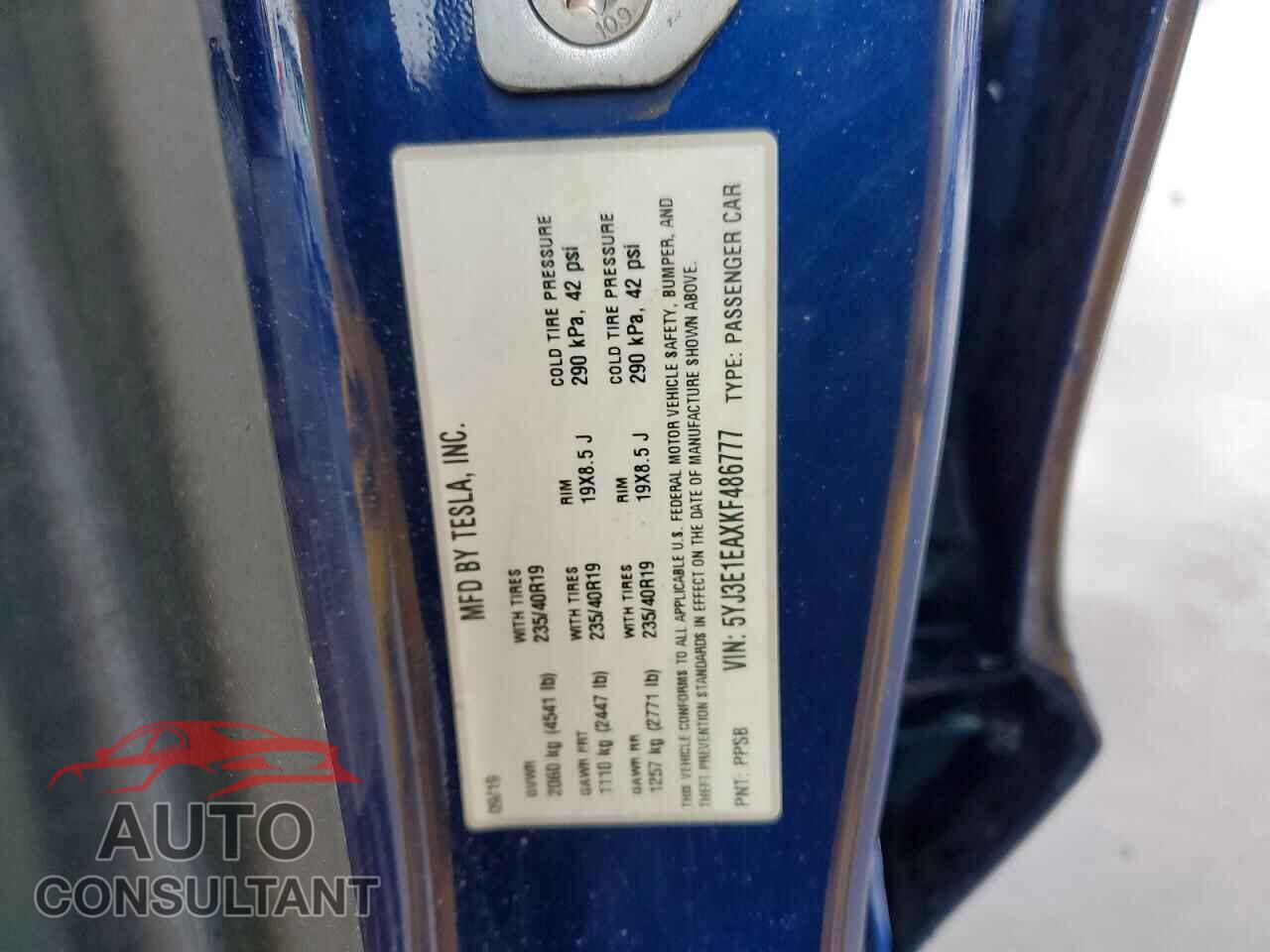 TESLA MODEL 3 2019 - 5YJ3E1EAXKF486777