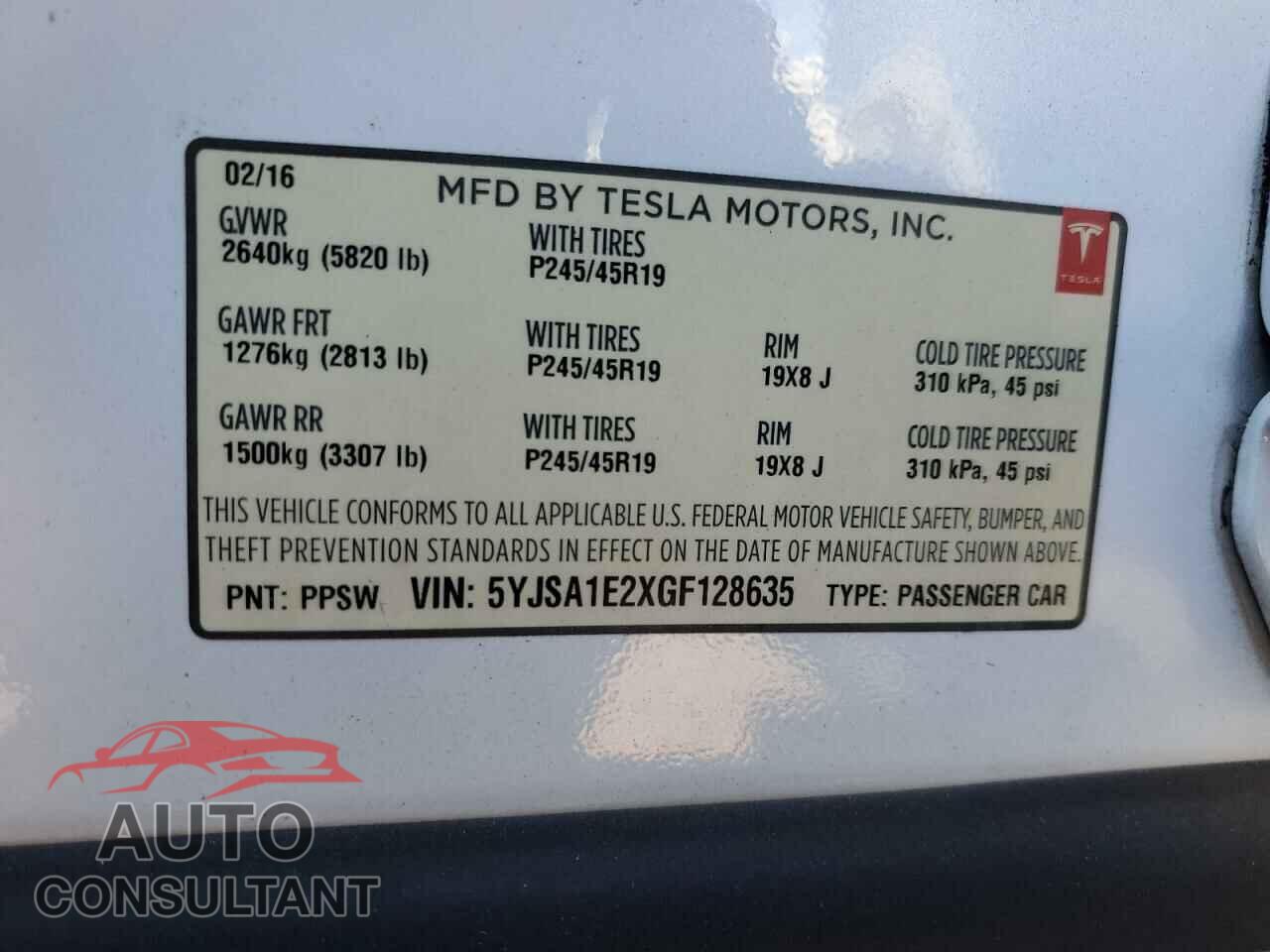TESLA MODEL S 2016 - 5YJSA1E2XGF128635