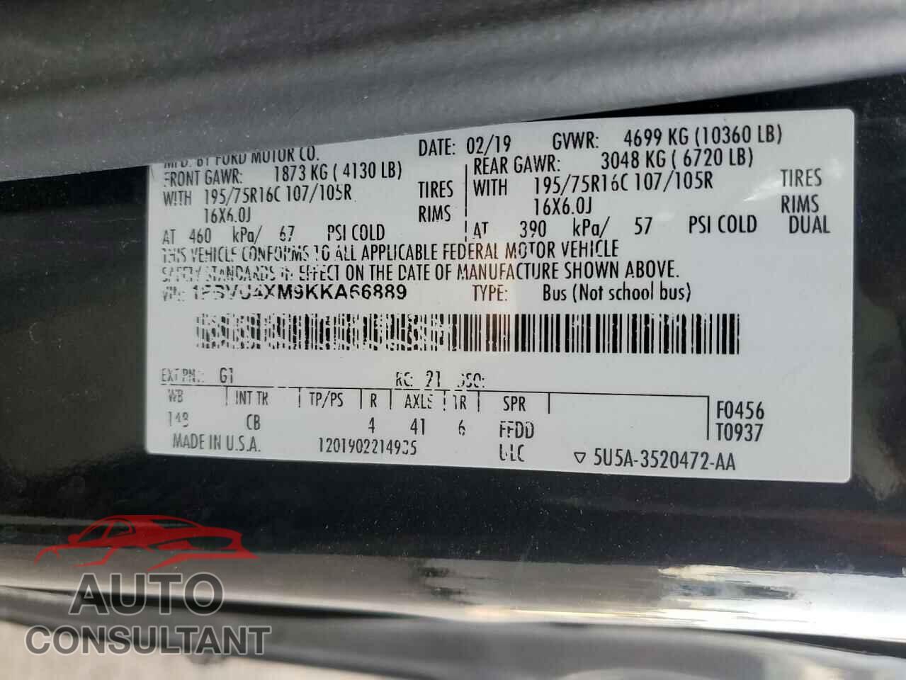 FORD TRANSIT 2019 - 1FBVU4XM9KKA66889