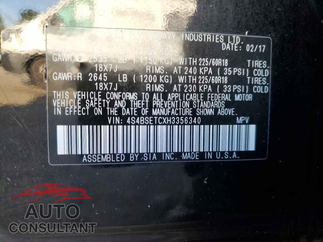 SUBARU OUTBACK 2017 - 4S4BSETCXH3356340