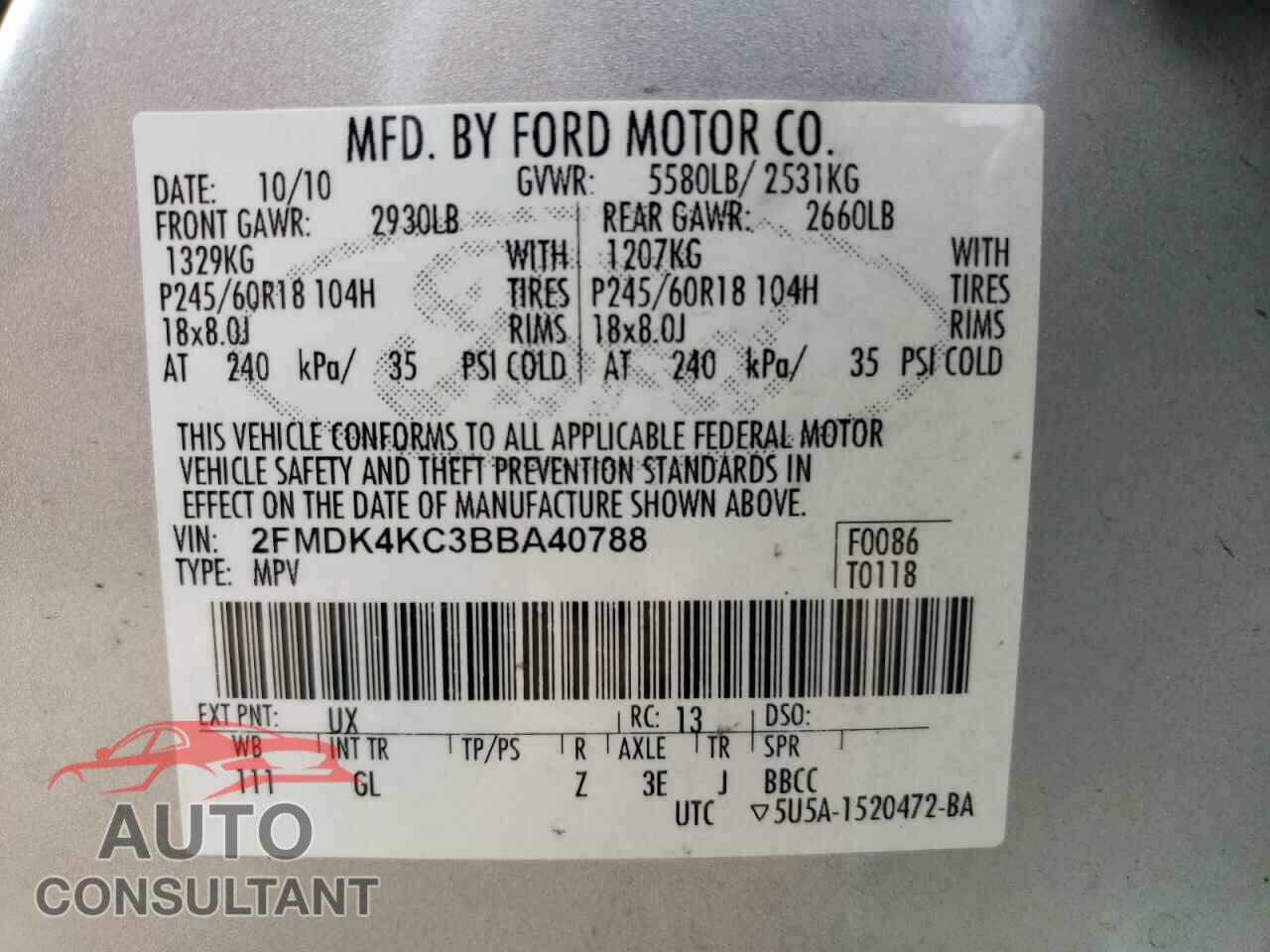 FORD EDGE 2011 - 2FMDK4KC3BBA40788