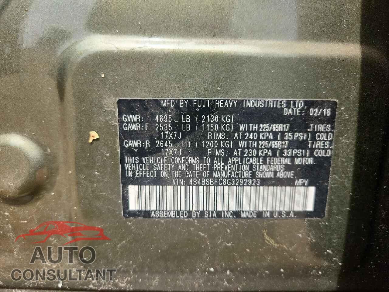 SUBARU OUTBACK 2016 - 4S4BSBFC8G3292923
