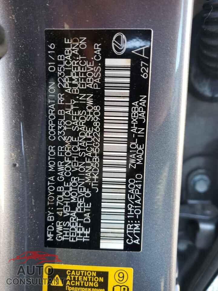 LEXUS CT 200 2016 - JTHKD5BH5G2268908