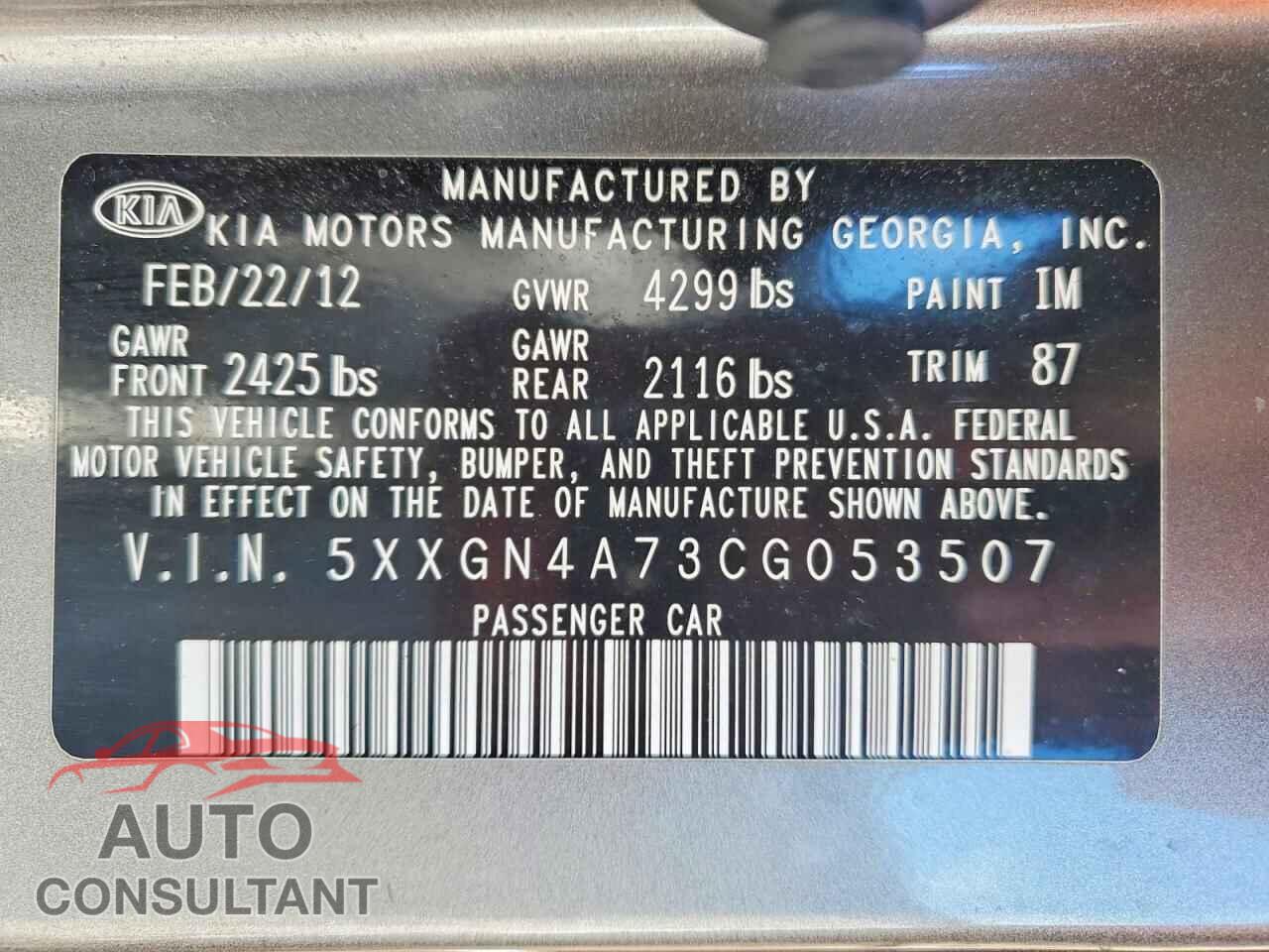 KIA OPTIMA 2012 - 5XXGN4A73CG053507