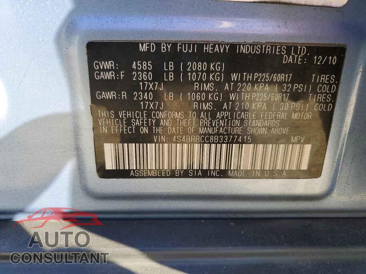 SUBARU OUTBACK 2011 - 4S4BRBCC8B3377415