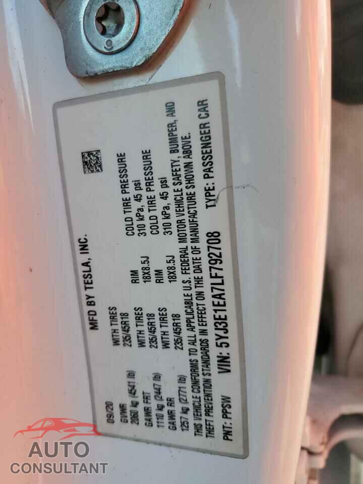 TESLA MODEL 3 2020 - 5YJ3E1EA7LF792708