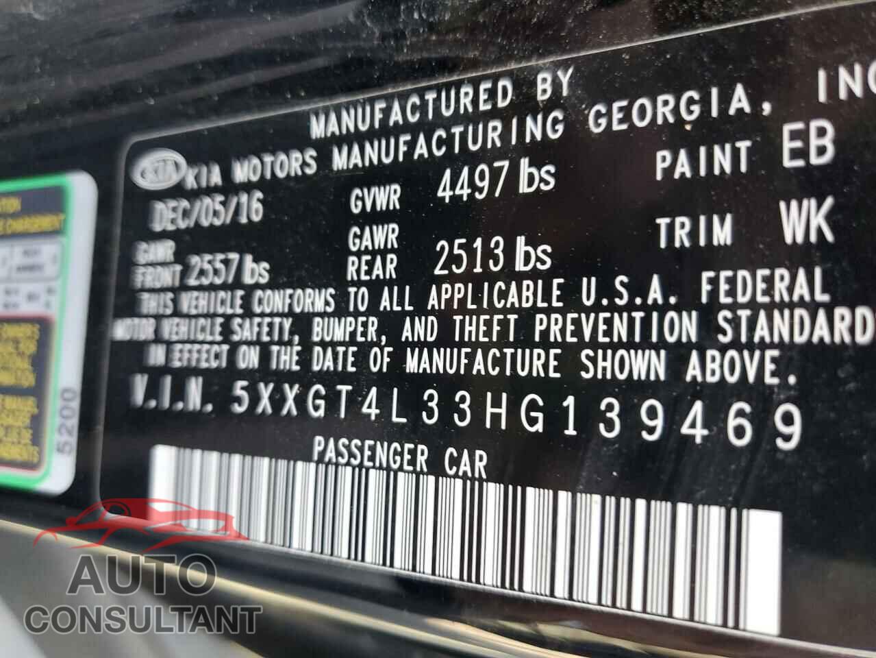 KIA OPTIMA 2017 - 5XXGT4L33HG139469