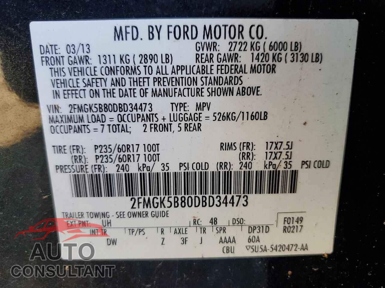 FORD FLEX 2013 - 2FMGK5B80DBD34473