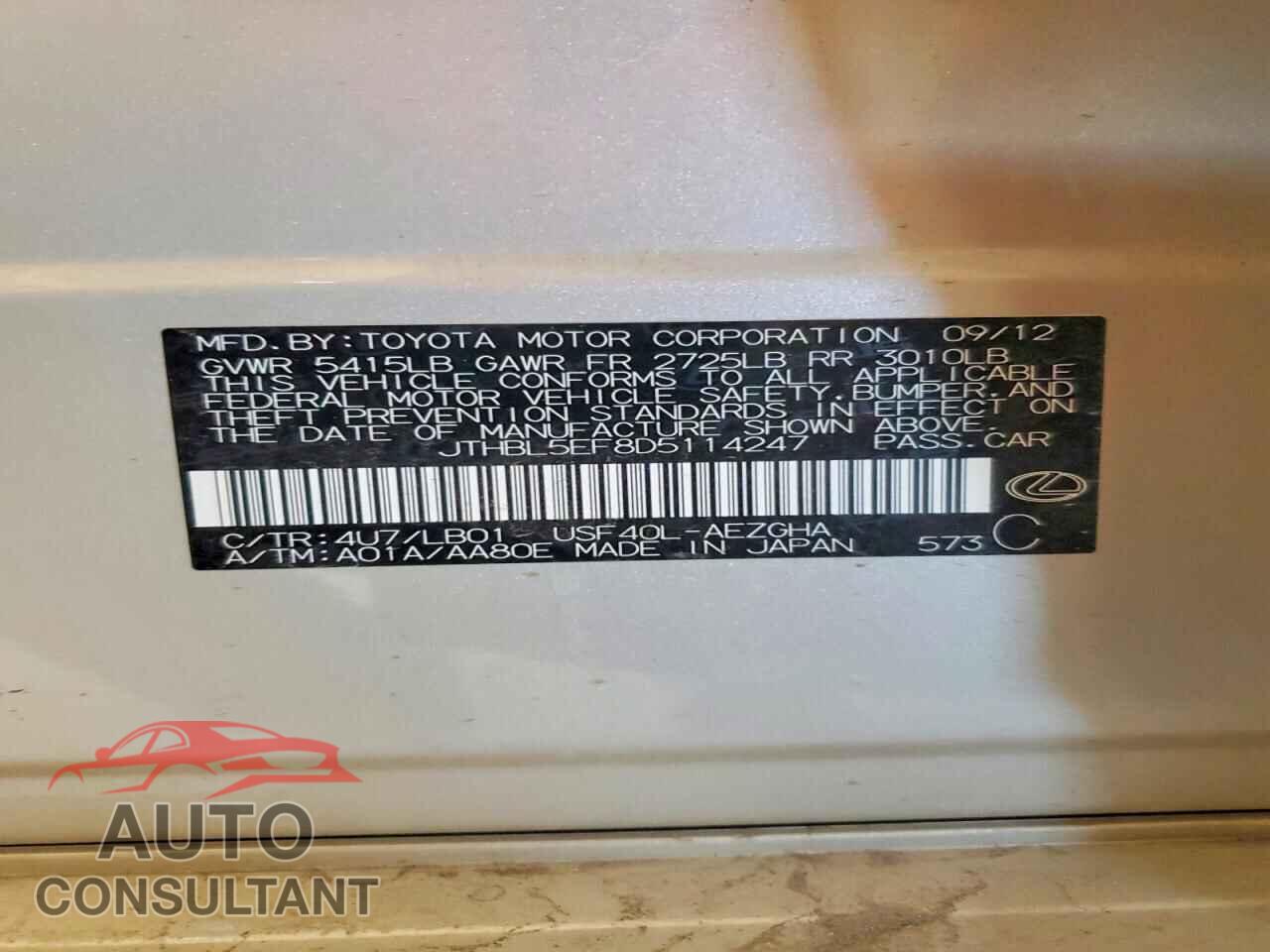 LEXUS LS460 2013 - JTHBL5EF8D5114247