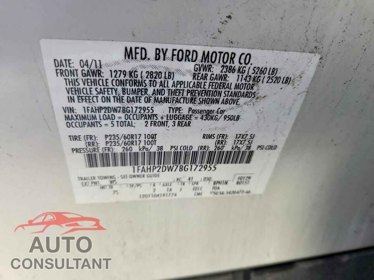 FORD TAURUS 2011 - 1FAHP2DW7BG172955