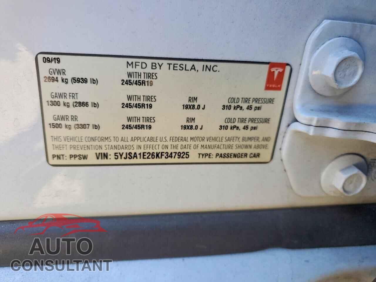 TESLA MODEL S 2019 - 5YJSA1E26KF347925