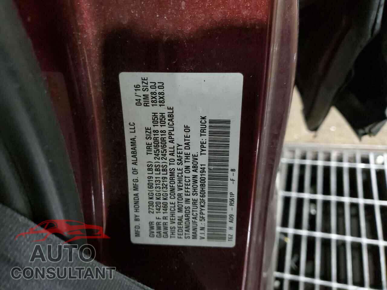 HONDA RIDGELINE 2017 - 5FPYK3F60HB001941