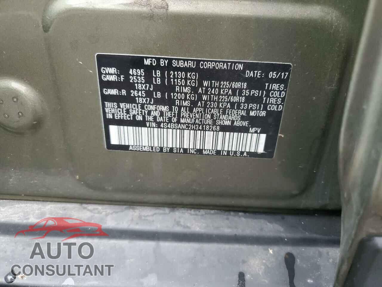 SUBARU OUTBACK 2017 - 4S4BSANC2H3418268