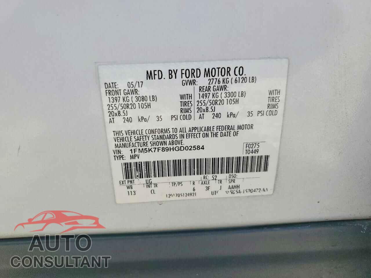 FORD EXPLORER 2017 - 1FM5K7F89HGD02584