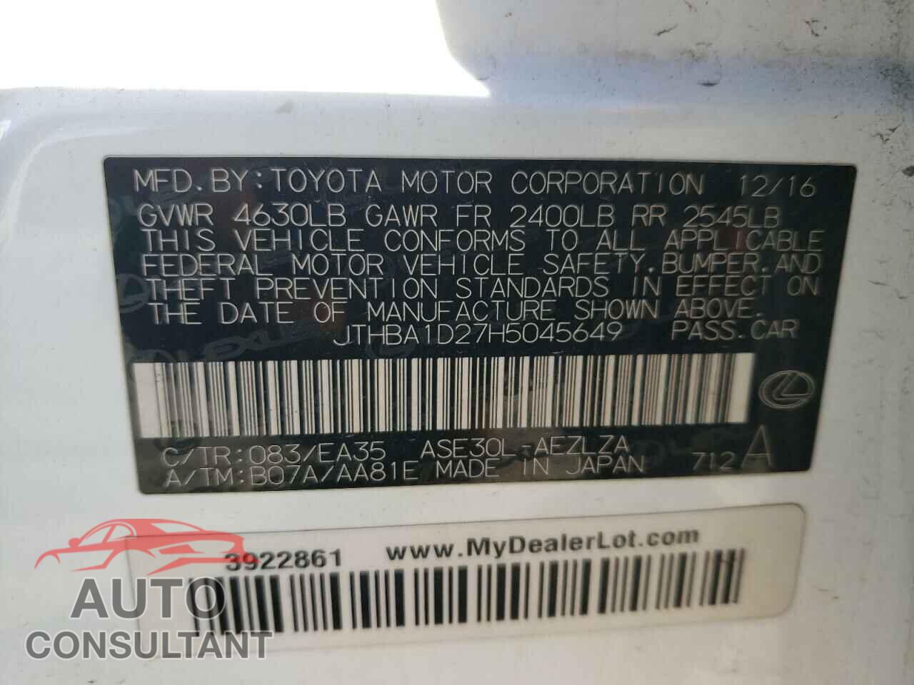 LEXUS IS 2017 - JTHBA1D27H5045649