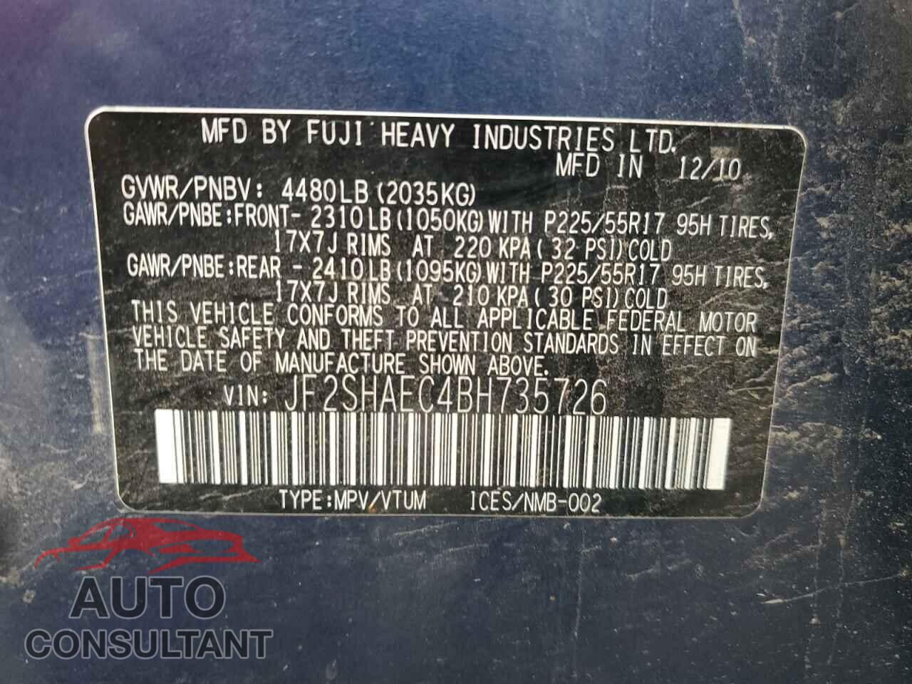 SUBARU FORESTER 2011 - JF2SHAEC4BH735726