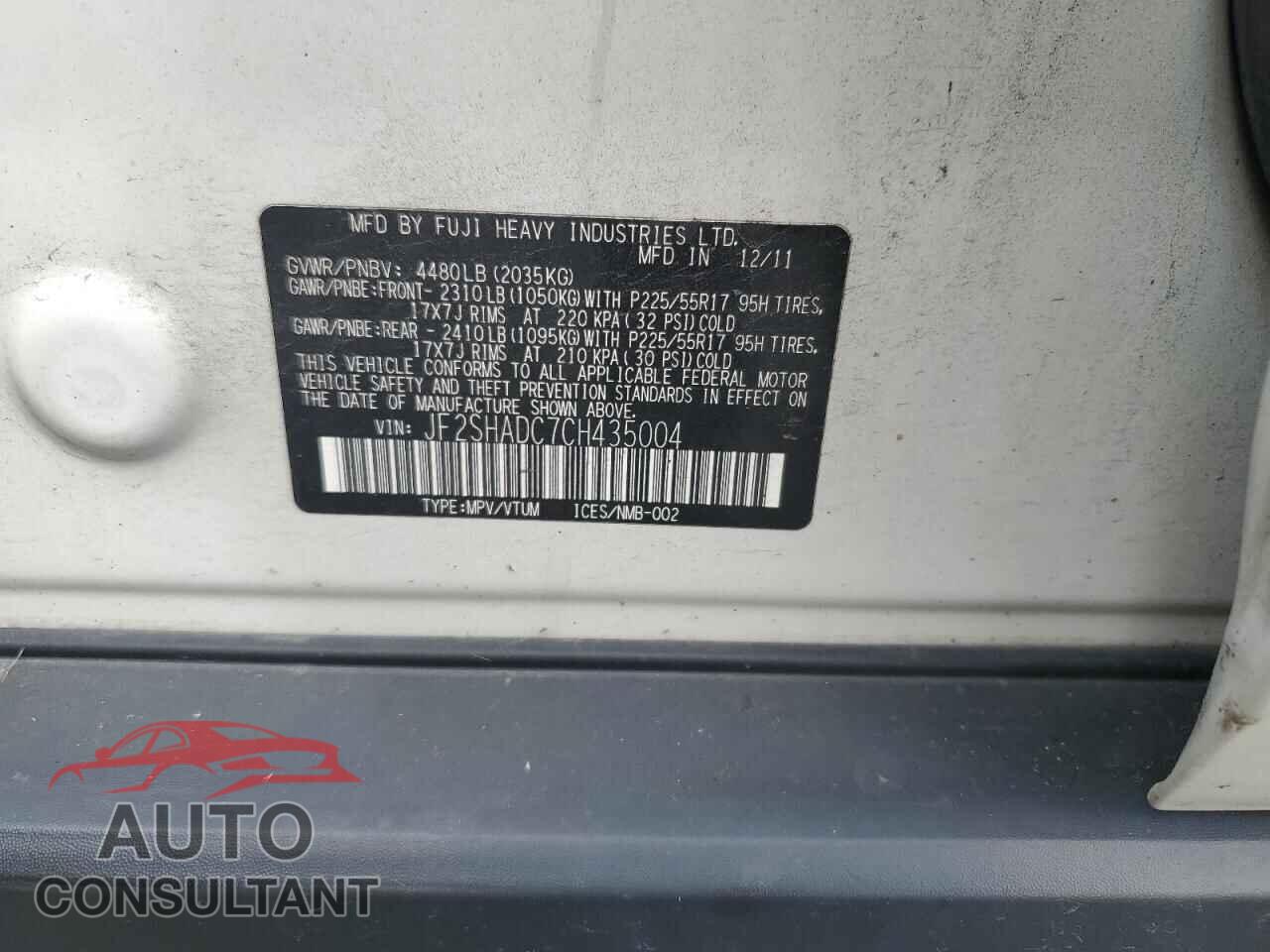 SUBARU FORESTER 2012 - JF2SHADC7CH435004