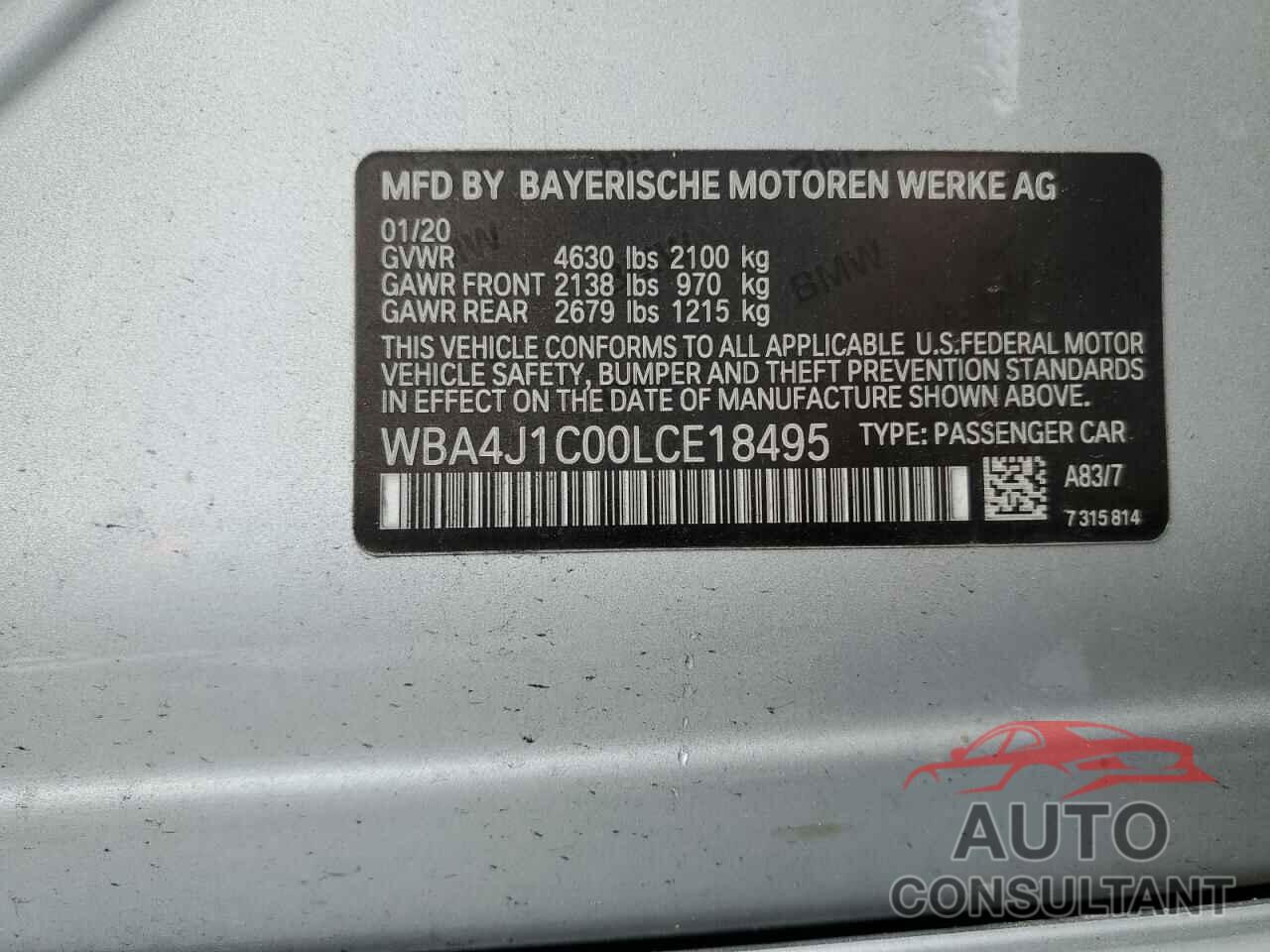 BMW 4 SERIES 2020 - WBA4J1C00LCE18495