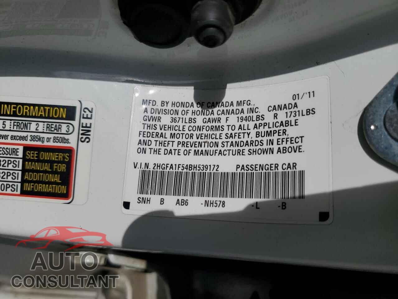 HONDA CIVIC 2011 - 2HGFA1F54BH539172