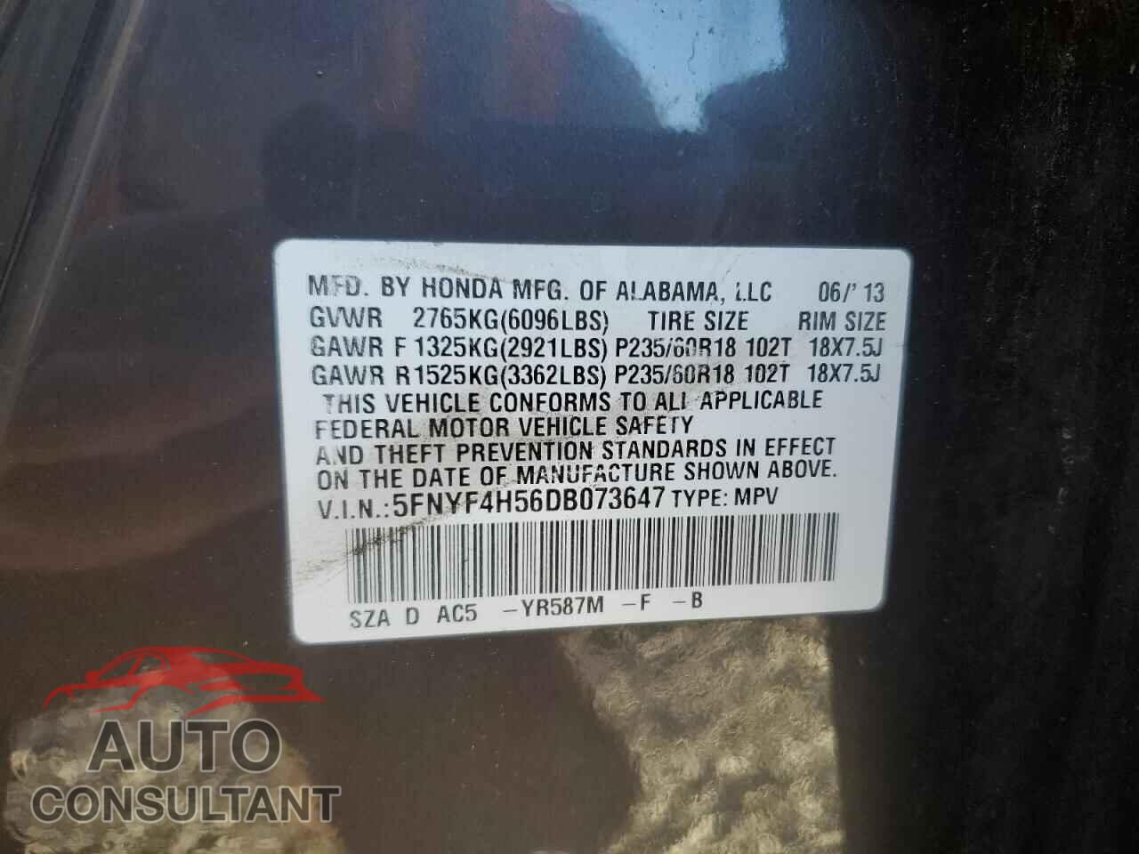 HONDA PILOT 2013 - 5FNYF4H56DB073647