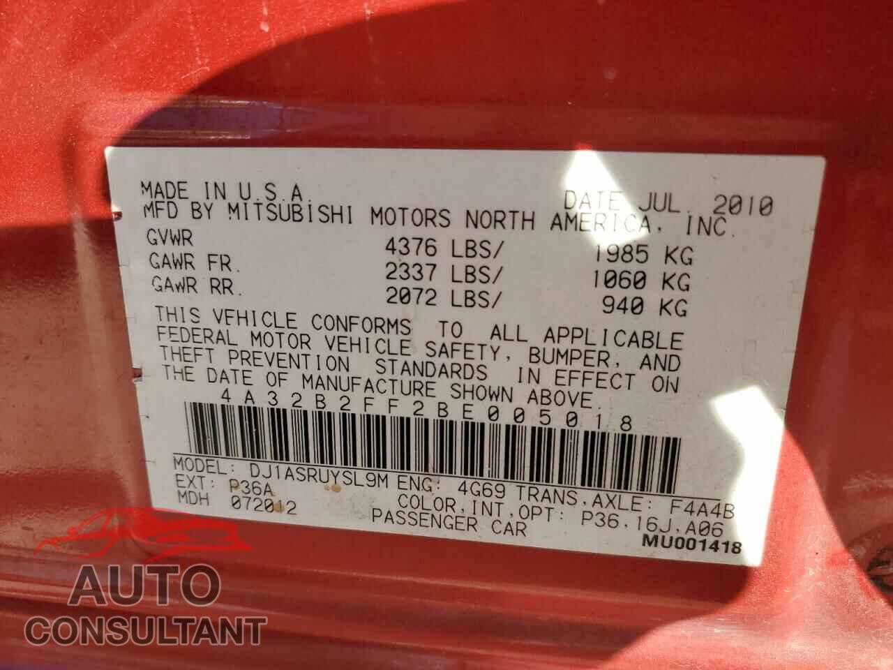 MITSUBISHI GALANT 2011 - 4A32B2FF2BE005018