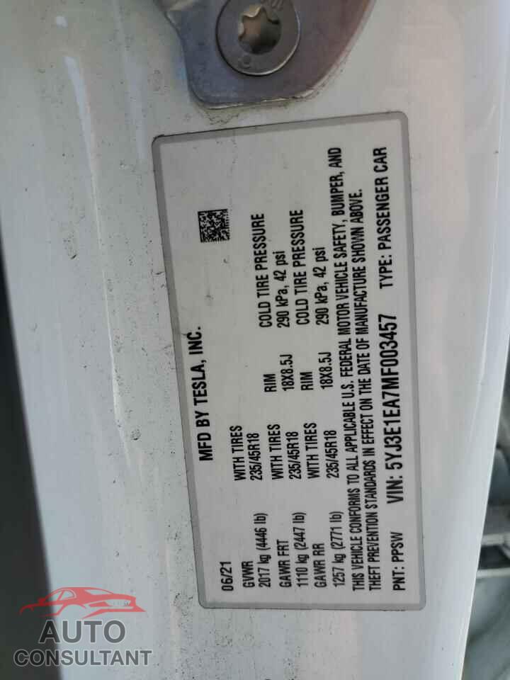 TESLA MODEL 3 2021 - 5YJ3E1EA7MF003457