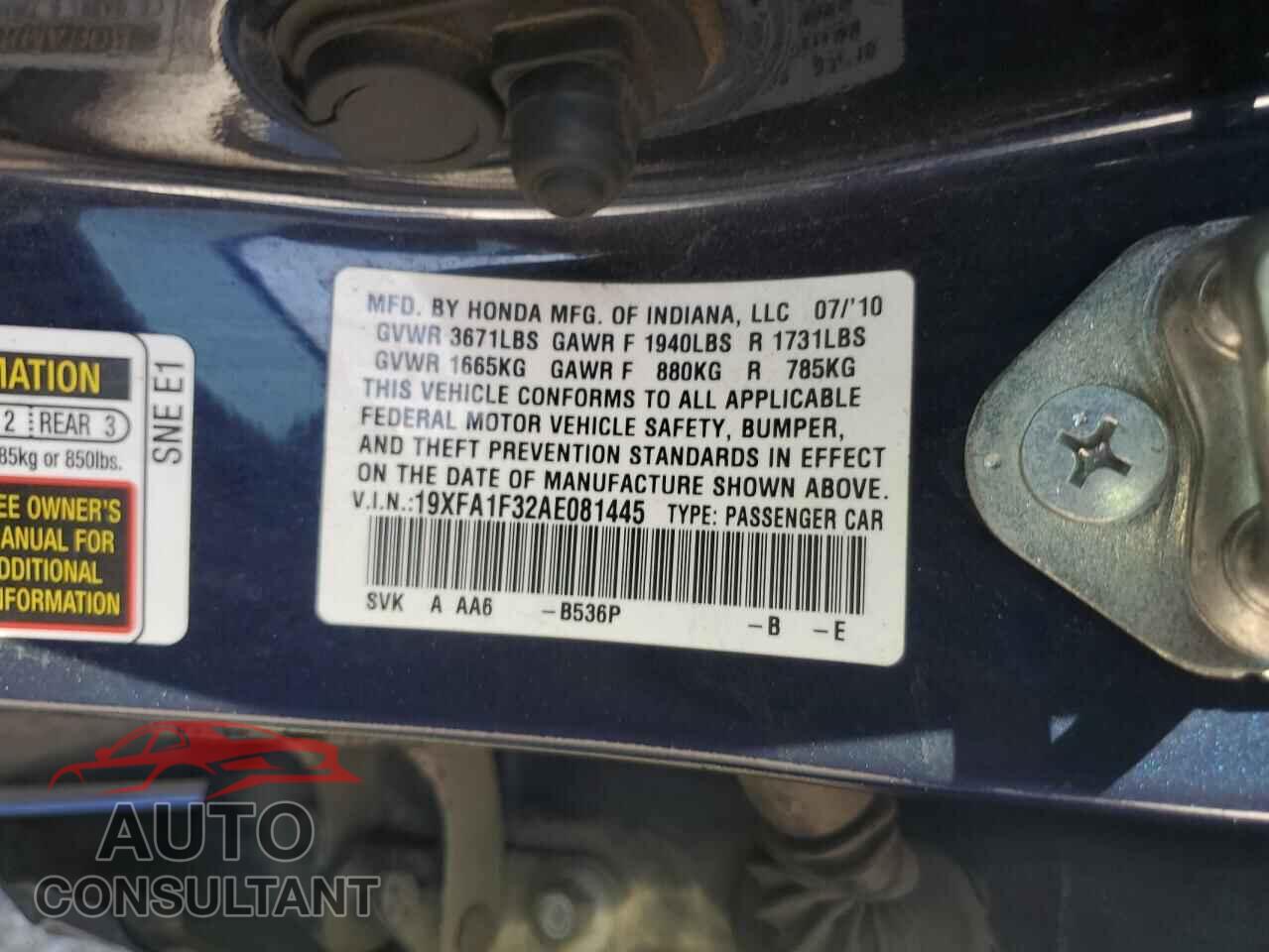 HONDA CIVIC 2010 - 19XFA1F32AE081445